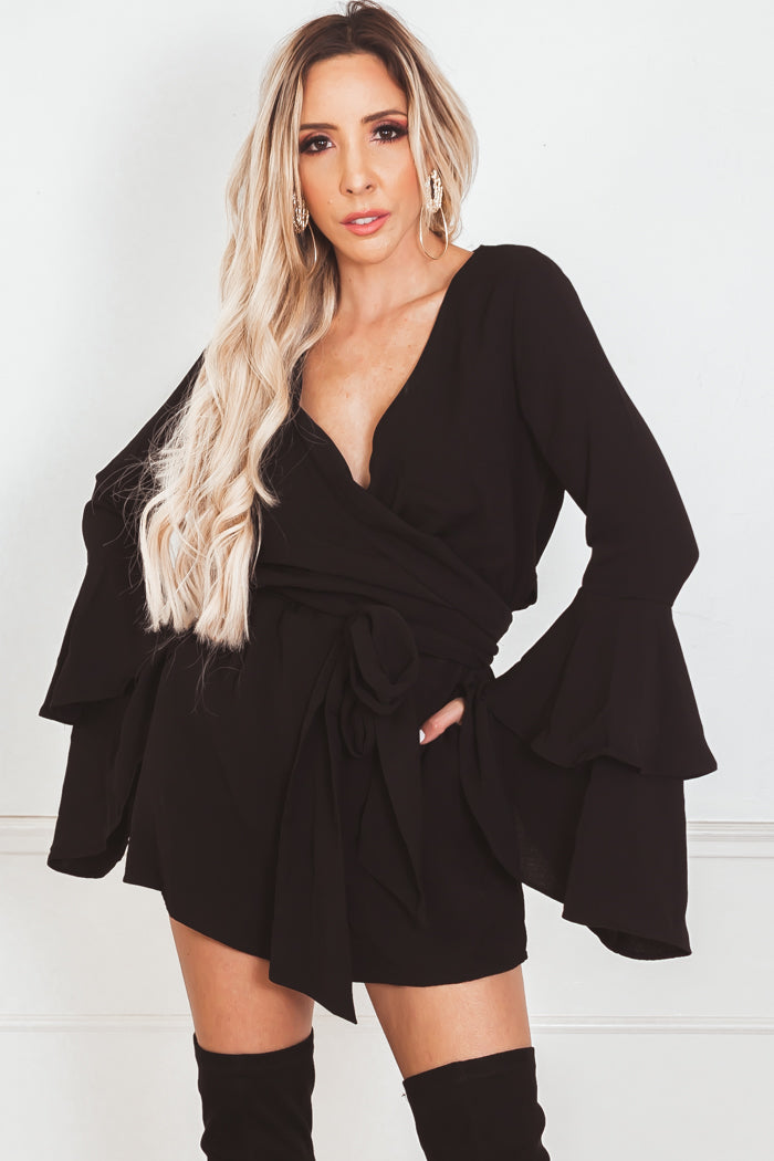 Deep-V Bell-Sleeve Romper - Black