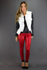 WHITE TWEED JACKET WITH BLACK LEATHER CONTRAST SLEEVES - Haute & Rebellious