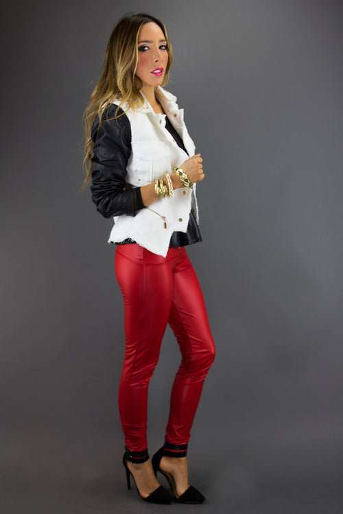 WHITE TWEED JACKET WITH BLACK LEATHER CONTRAST SLEEVES - Haute & Rebellious