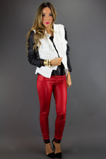 WHITE TWEED JACKET WITH BLACK LEATHER CONTRAST SLEEVES - Haute & Rebellious
