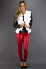 WHITE TWEED JACKET WITH BLACK LEATHER CONTRAST SLEEVES - Haute & Rebellious