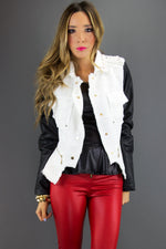 WHITE TWEED JACKET WITH BLACK LEATHER CONTRAST SLEEVES - Haute & Rebellious
