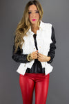 WHITE TWEED JACKET WITH BLACK LEATHER CONTRAST SLEEVES - Haute & Rebellious