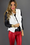 WHITE TWEED JACKET WITH BLACK LEATHER CONTRAST SLEEVES - Haute & Rebellious