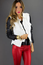 WHITE TWEED JACKET WITH BLACK LEATHER CONTRAST SLEEVES - Haute & Rebellious