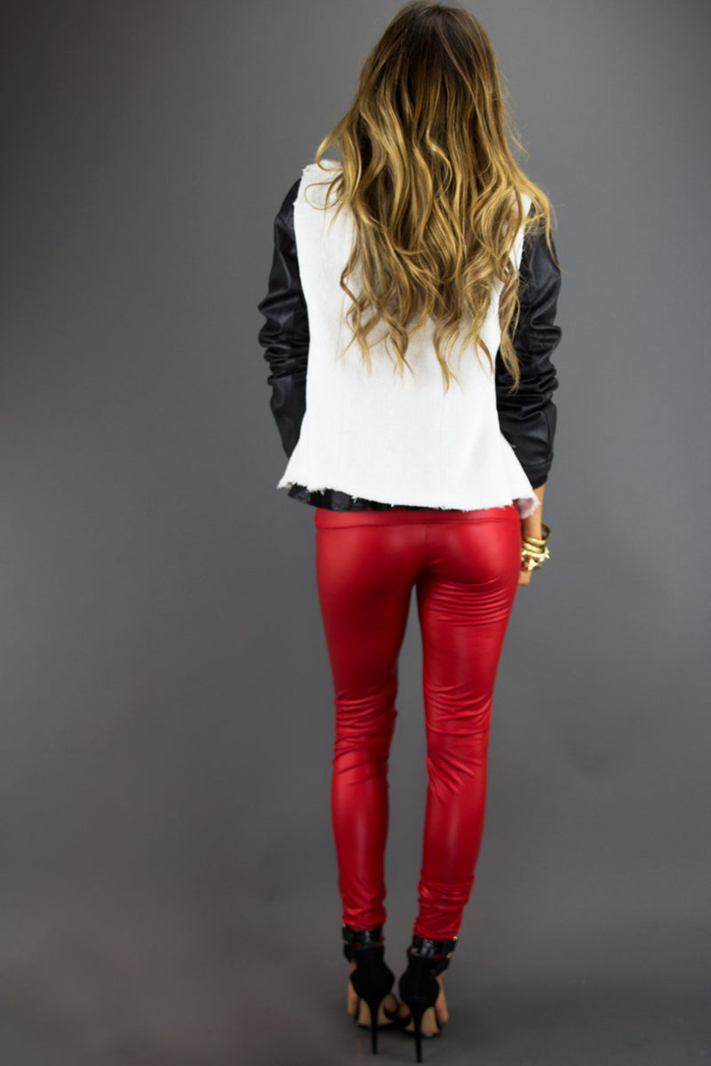 WHITE TWEED JACKET WITH BLACK LEATHER CONTRAST SLEEVES - Haute & Rebellious