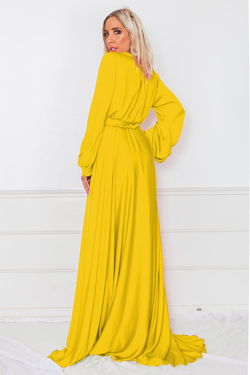 Deep-V Satin Maxi Dress - Yellow